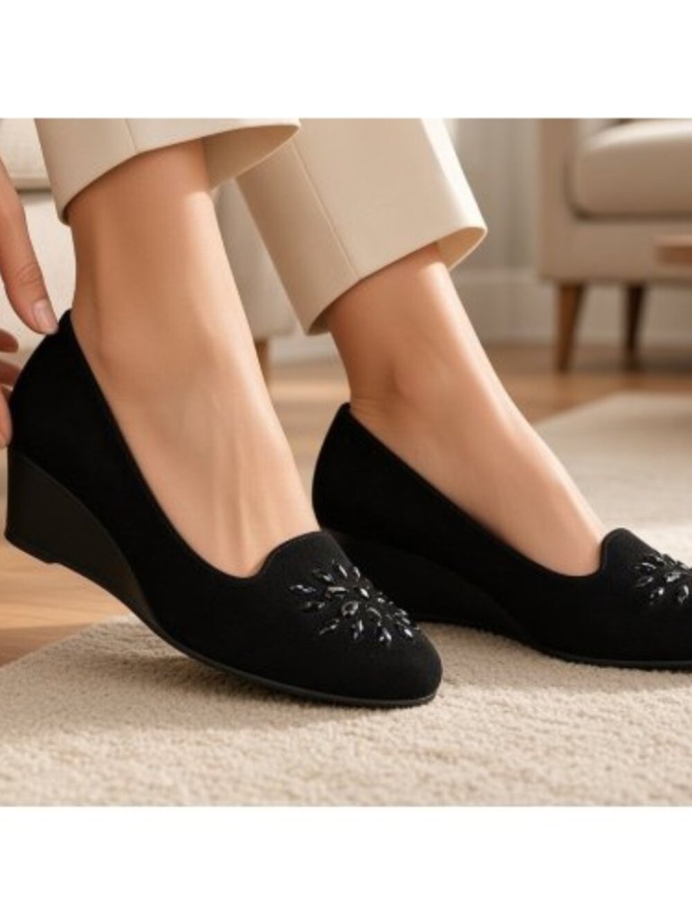 Black Suede Beaded Wedge Pump Ladies Size 8